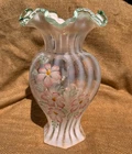 Fenton Meadow Beauty Rib Optic Vase Hand Painted & Signed P. Lane 9 1/2" Tall