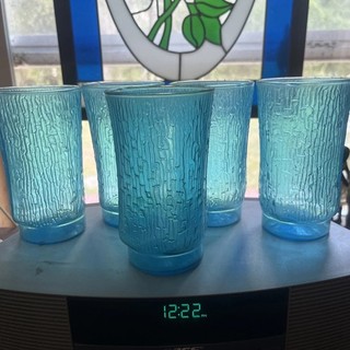 Vtg Anchor Hocking Pagoda Laser Blue Bark Like Pattern 7" Set of 5 Tumblers