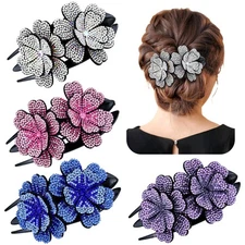 4 Pieces Fancy Sparkly Rhinestone Double Flower Hair Clips Barrettes with