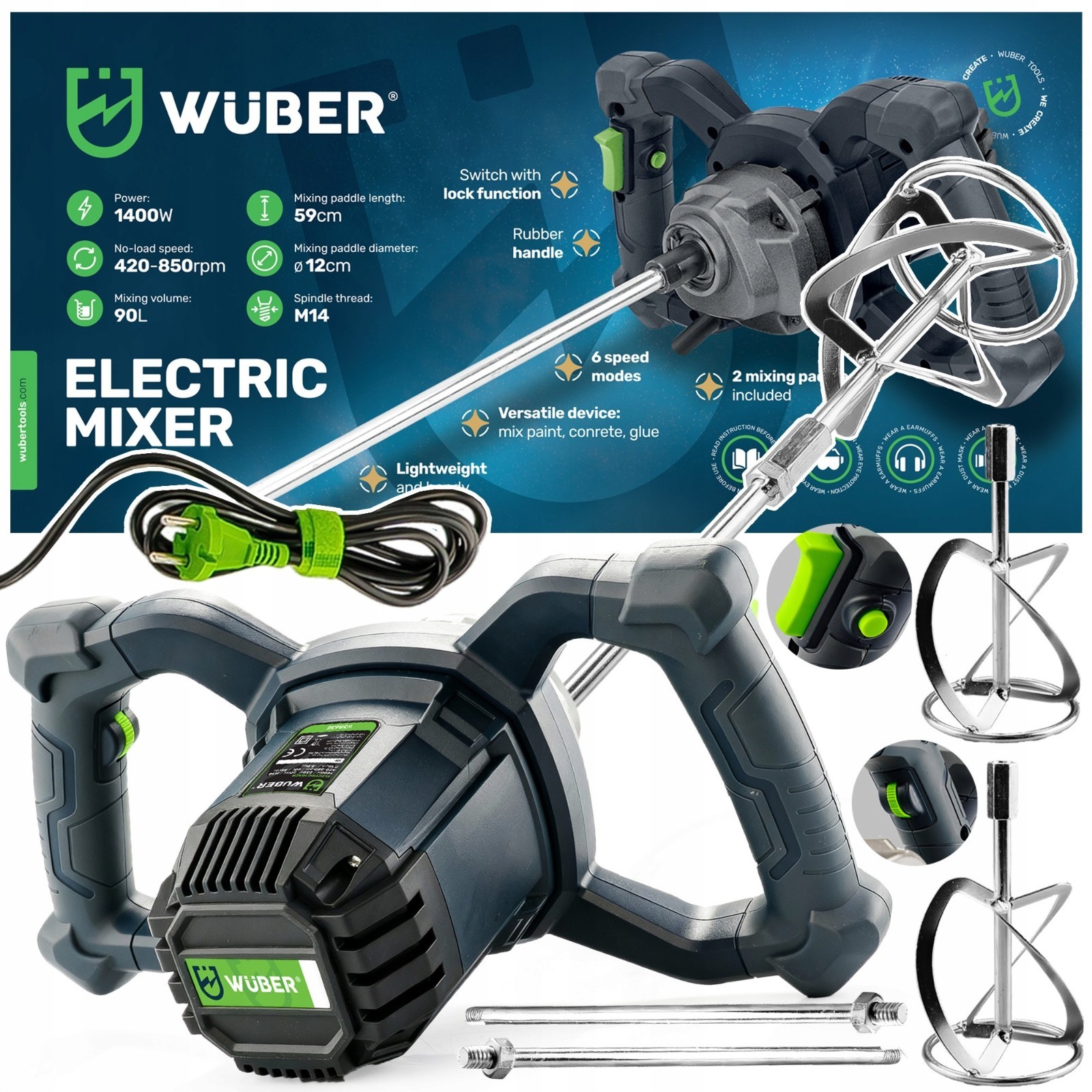 Malaxeur électrique puissant pour mortier et colle avec double hélice WUBER
