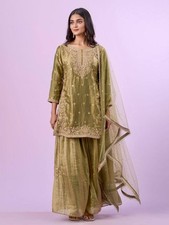Fancy Designer Green Fandy Silk Top Palazzo With Dupatta For Women Girls