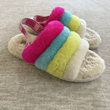 UGG Fluff Yeah Slide Stripe Neon Multi Rainbow Plush Slippers Womens US 6