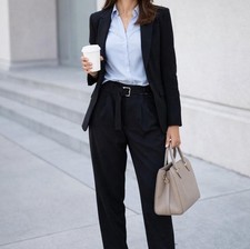 Fashion Nova Black Pleated Belted Dress Pants Women Workwear Formal Solid