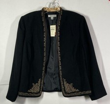 NWT Coldwater Creek Black/Gold Beaded Embroidered Open Front Blazer Jacket Sz 14