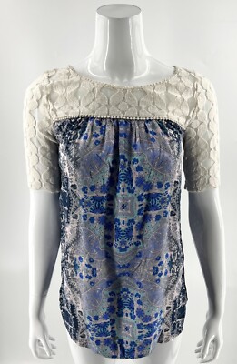 Akemi Kin Top Sz Small Blue White Lace Sleeve Flowy Blouse Anthropologie Womens