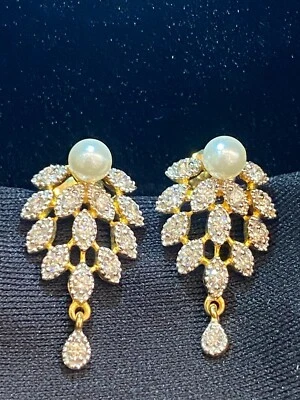 Pave 2,60 Cts Runde Brilliant Cut Diamanten Perle Baumeln Ohrringe In 14K Gold - Bild 1 von 4