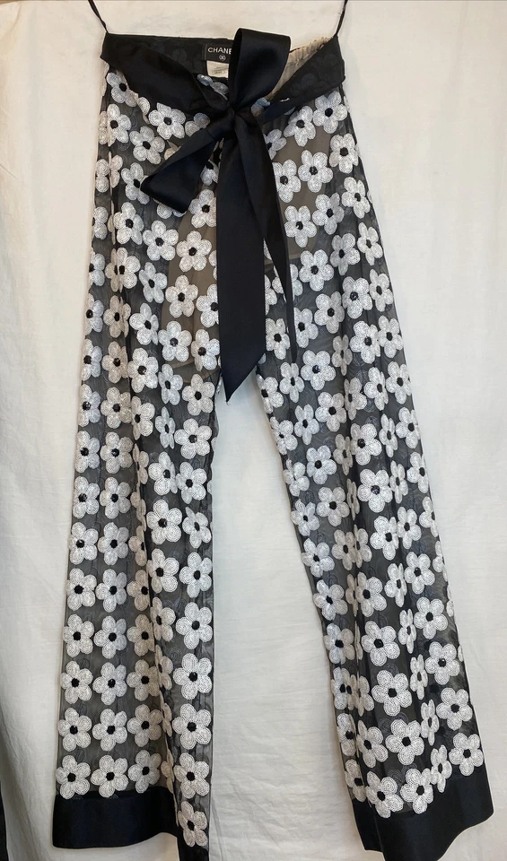 Chanel Pant Daisy Sequin Runway Design Sheer Wide Leg  Silk Bow Size 34