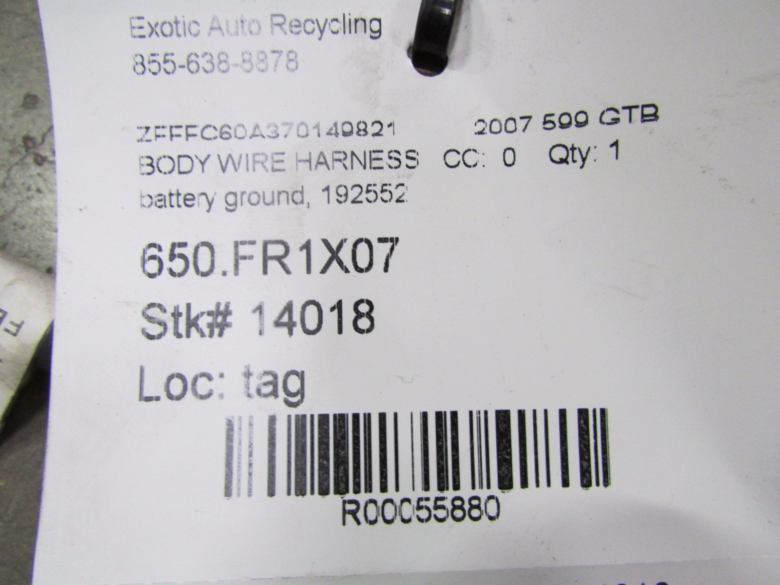 Ferrari 599 GTB, Battery Ground Cable Wire Harness, Used, P/N 192552