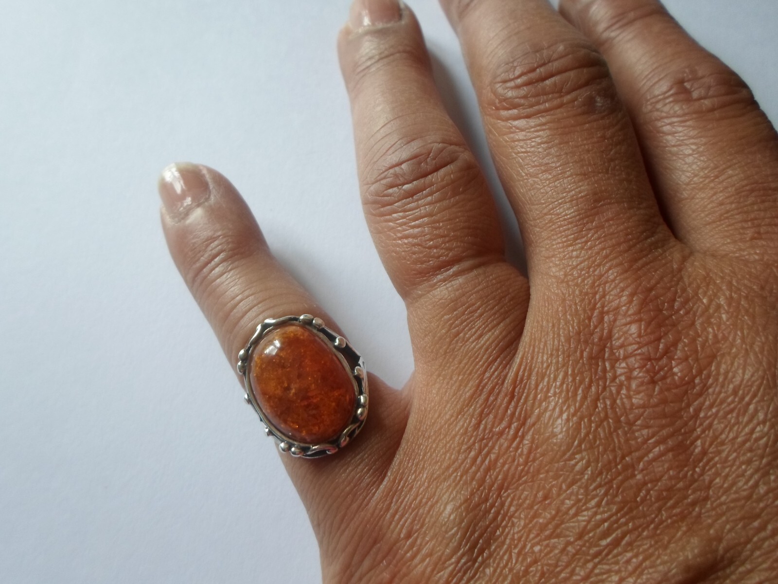 solid silver ring, amber cabochon, openwork sides… - image 4