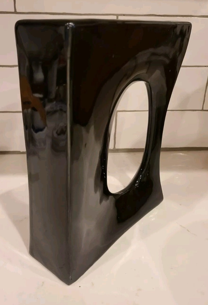 Vintage Toyo Ikebana Vase High Gloss Black Modernist Rectangular