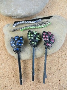 5 Rhinestone Barrette Lot Pink Blue Green Bug White Hair Clip