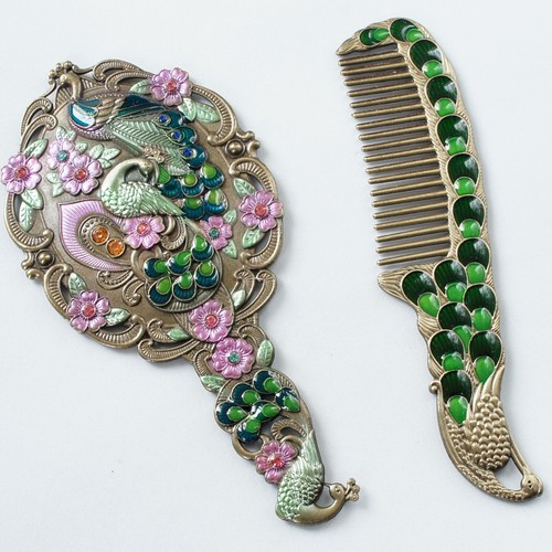 Colorful Enameled Peacock Pattern Cosmetic Hand Held Mirror Comb Set - Picture 9 of 13