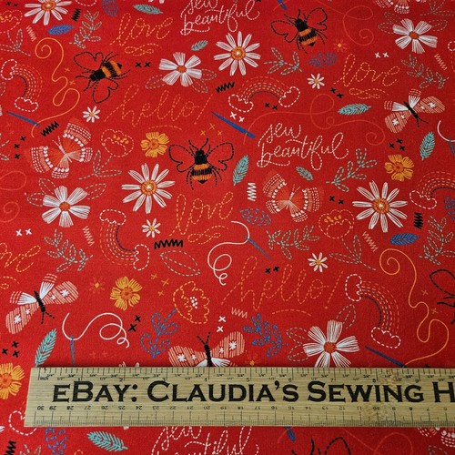 32" Stitched With Love Loni Harris P&B Textiles Faux Stitches Floral Bee on Red - Picture 2 of 3
