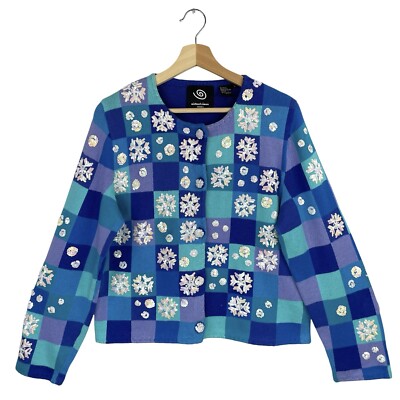 Michael Simon Holiday Snowflake Cardigan Colorful Christmas 90s VTG Winter Sz L