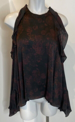 IRO Ciclan Cold-Shoulder Ruffled Black Silk Blouse NWT Sz6