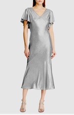 NWT $190 Ralph Lauren Silver Metallic Flutter Sleeve Sheath Midi Dress Sz 6