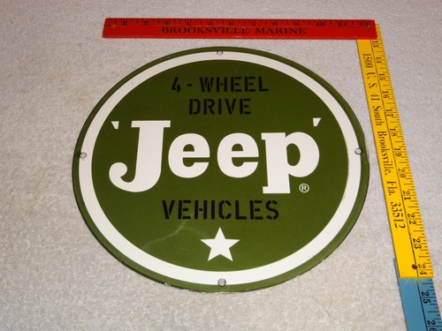 VINTAGE WILLY'S 4 WHEEL DRIVE MILITARY JEEP 11 3/4" PORCELAIN METAL VEHICLE SIGN