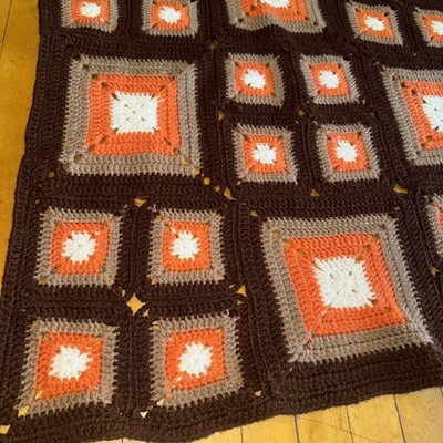 Handmade Vtg 50x70 Granny Square Crochet Blanket Orange Brown Tan