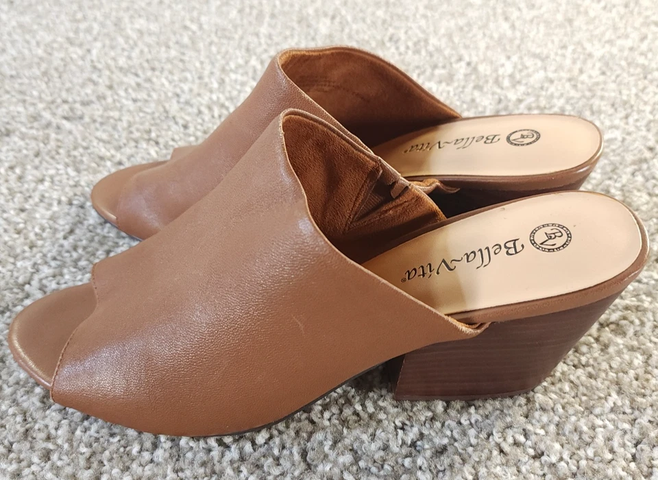 Zapatos Mules Bella Vita Kathy Mujer 11M Cuero Tostado Tacón Bloque Punta Abierta Marrón Foto 2 de 4