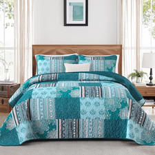 Patchwork Quilt Set Queen Size,3 Pieces Teal Boho Bedspread Coverlet Set Turquoi