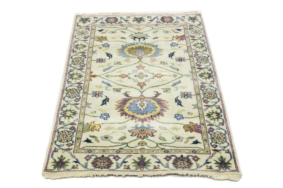 Handmade Cream Floral Design Oushak Chobi Rug 3X5 ft Small Size Oriental Carpet - Image 4 of 4