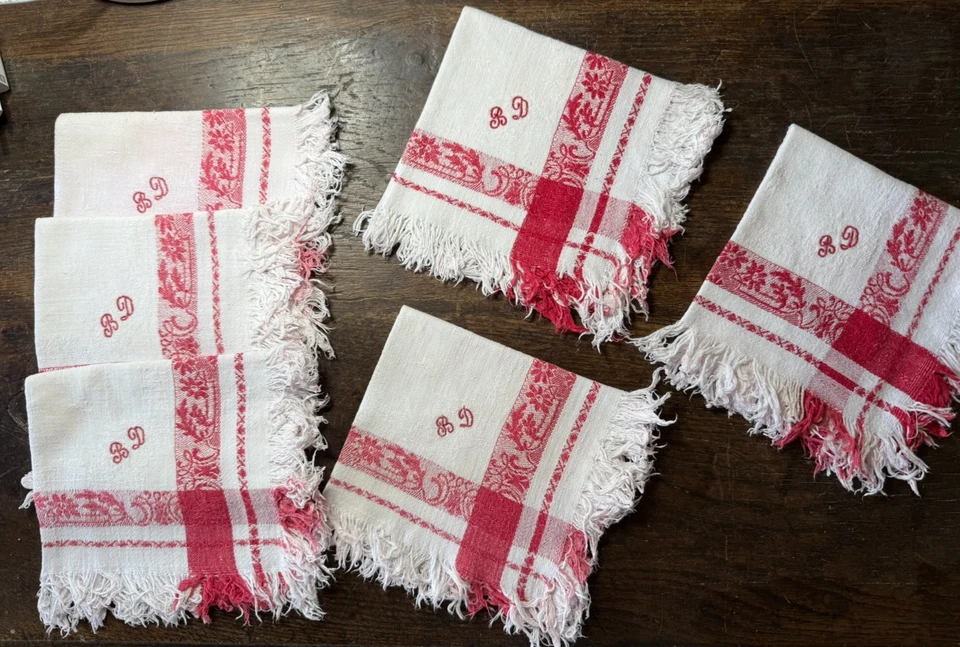 TEXTILE ANCIEN - LINGE DE TABLE - 6 SERVIETTES Brodées B.D. - Photo 3/4