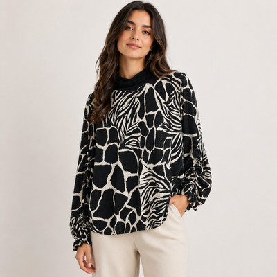 Susan Graver Liquid Knit Blouse Women's Size 2X Black Animal Print Clear Sequins