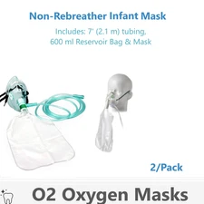 Infant Non-Rebreathing High Conncentrate Oxygen Masks w Bag & 7' Tubing - 2 /Pk