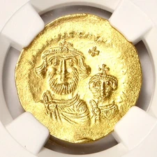Gold AV Solidus Heraclius+Her. Constantine Byzantine Empire 613-641 AD NGC MS