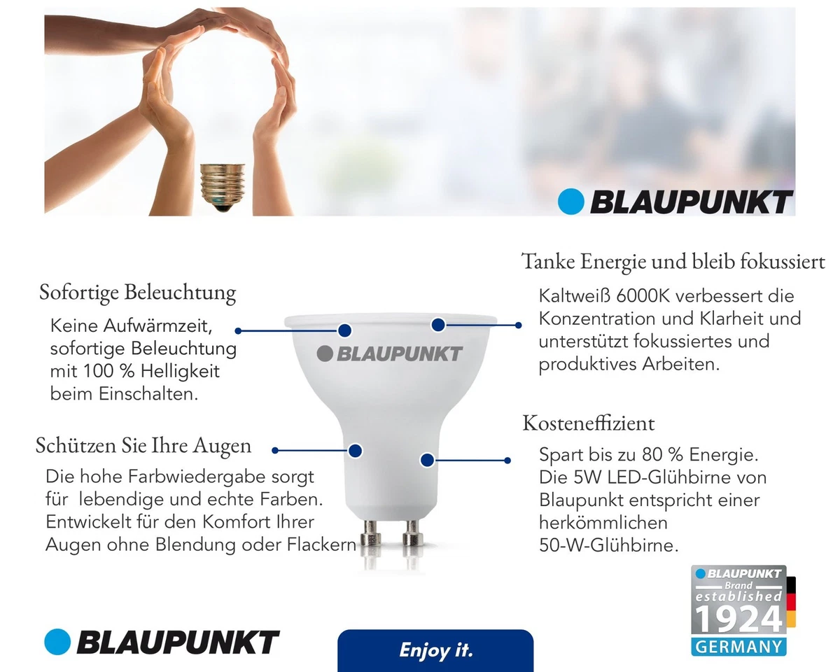 Bombilla Blaupunkt GU10, Lámpara Spot Led Blanco Frío, 5W, 500 lm, 6000K