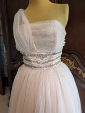 Vintage 1950's 1960's Blush Pink Beaded Tulle Prom Wedding Formal Dress