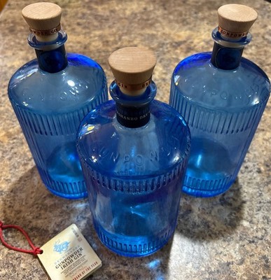 LOT OF 3 DRUMSHANBO GUNPOWDER IRISH GIN BOTTLES-BRIGHT BLUE 750ml No Labels