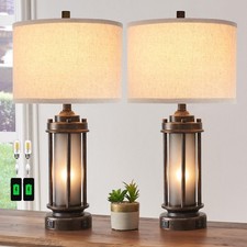 Set of 2 Farmhouse Lamps for Living Room, Rustic Vintage 2 USB Ports, Bronze 