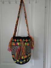 Wayuu Multicolor Beaded Geometric Pattern Shoulder Bag with Tassel Drawstring