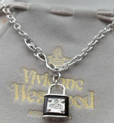 Vivienne Westwood Orb Black Padlock Chain Silver Necklace Lock