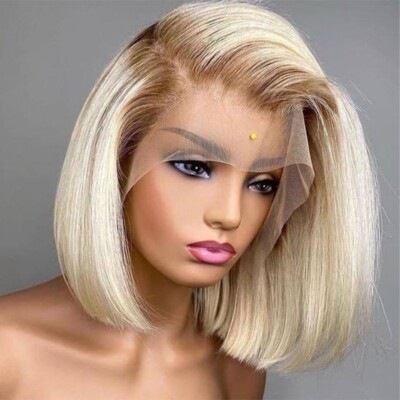 Echthaar blonde Bob Perücken mit dunkelbraunen Wurzeln ombre Spitzenverschluss Bob Damen UK