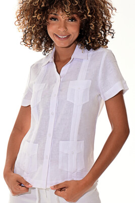 Ladies White 100% Linen Guayabera Traditional (4) Pocket S/S Blouse - LLGB3008