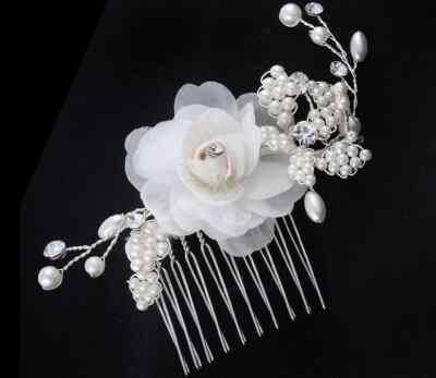 Bridal Wedding Hair Comb Ivory Handmade Organza Flowers Pearl and Crystal / 3757