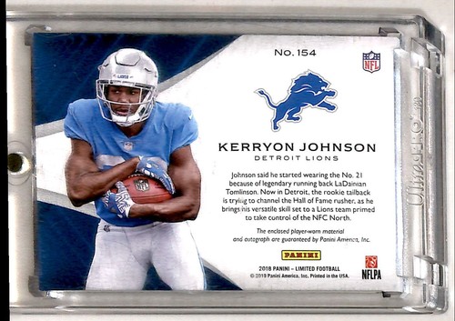 2018 Panini Limited Kerryon Johnson RC Auto 013/199 Detroit Lions #154 - Picture 2 of 2
