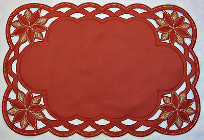 VINTAGE CHRISTMAS POINTSETTIAS CUT EMBROIDERY BURGUNDY COASTER PLACEMATE DOILY