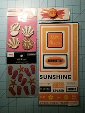 Scrapbooking Set Of 4 Summer Themed Stickers, Glitter Accents  A Ribbon - NEW