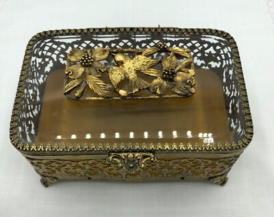 VINTAGE MATSON Ormolu Signed Filigree Floral Bird Glass Vanity  Gold Plated Box