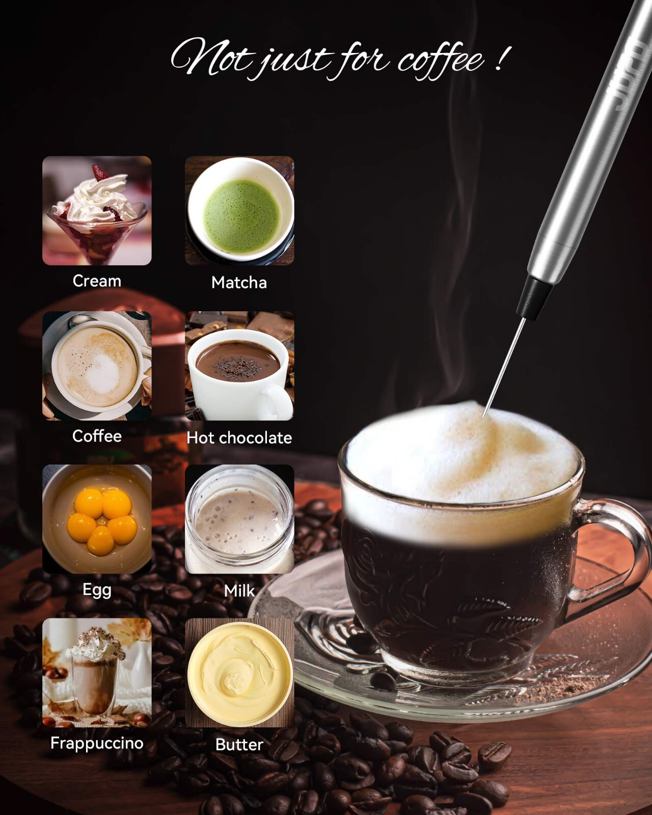 JUFO Milk Frother Electric Handheld Whisk Foam Maker Fully Stainless