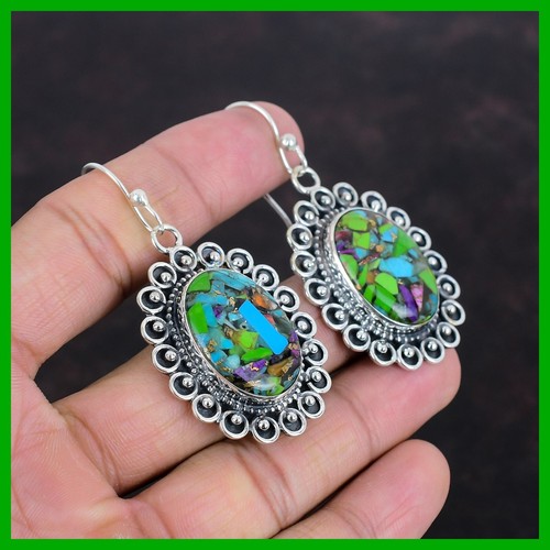 Fiesta Kingman Turquoise Stone Sterling Silver Wedding Drop Dangle Hook Earrings - Picture 5 of 7