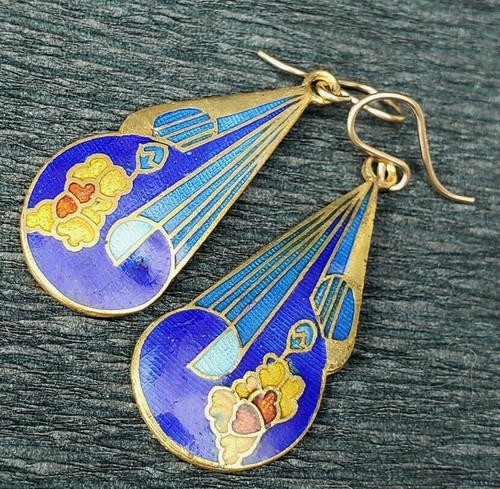 Older VNTG Cloisonne Earrings Deco Floral Pierced Dangle Gold Filled Wires 1 Pr - Picture 7 of 17