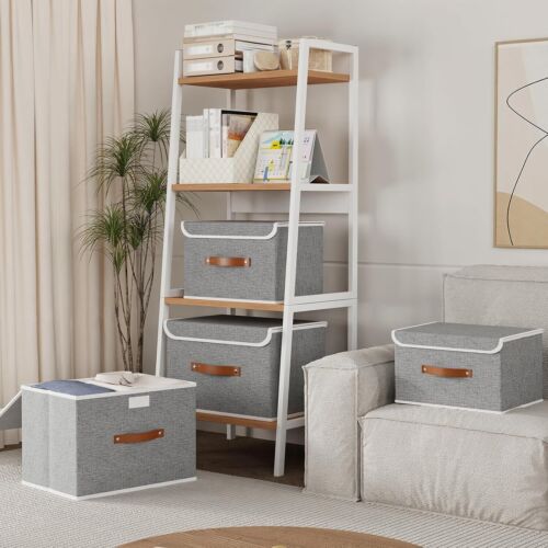 7-Pack Collapsible Storage Bins, Fabric Boxes with Lids & Leather Handles, Grey - Picture 3 of 8