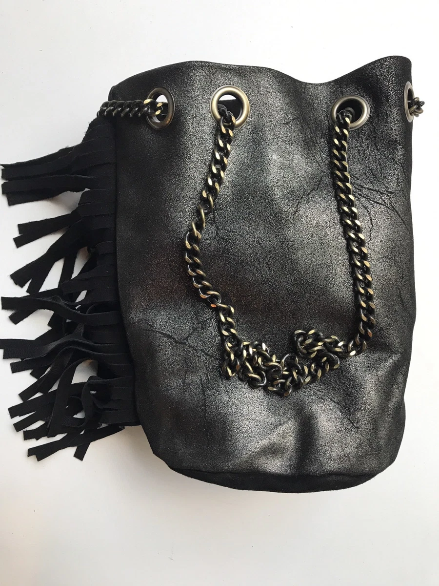 SAC SEAU BOURSE CUIR Argent et Daim noir Bandouli re Cha ne Pompon Franges NEUF