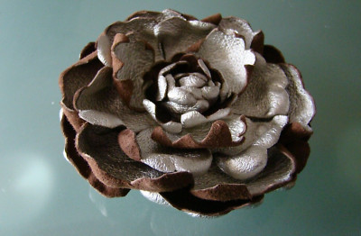Handmade Silver/Brown Leather Flower Brooch Clip
