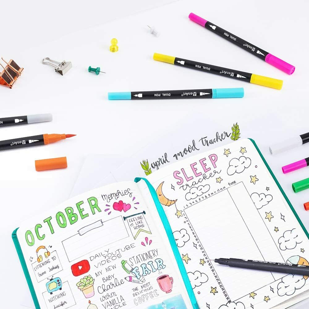 Dual Tip Art Marker Pens Fine Point Bullet Journal Pens & Colored Brush Markers