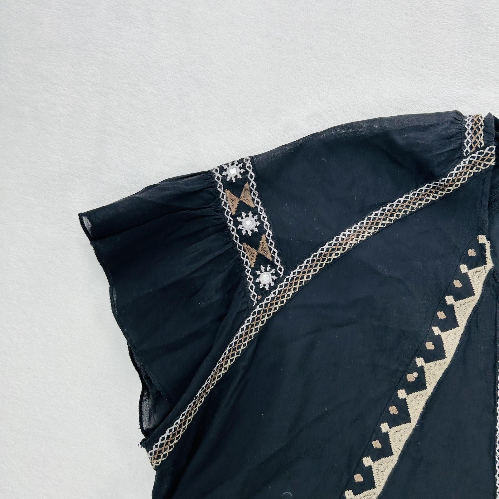 Free People Blouse Womens XS Black Embroidered Boho Peasant Top Sheer Flowy